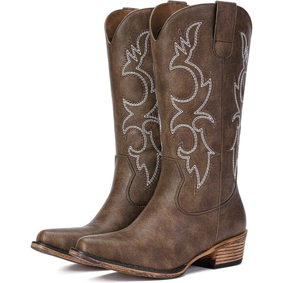 Shoes - Women 's Brown  Embroidered Cowgirl Fashion  Chunky Heel Western Boots Mid Calf